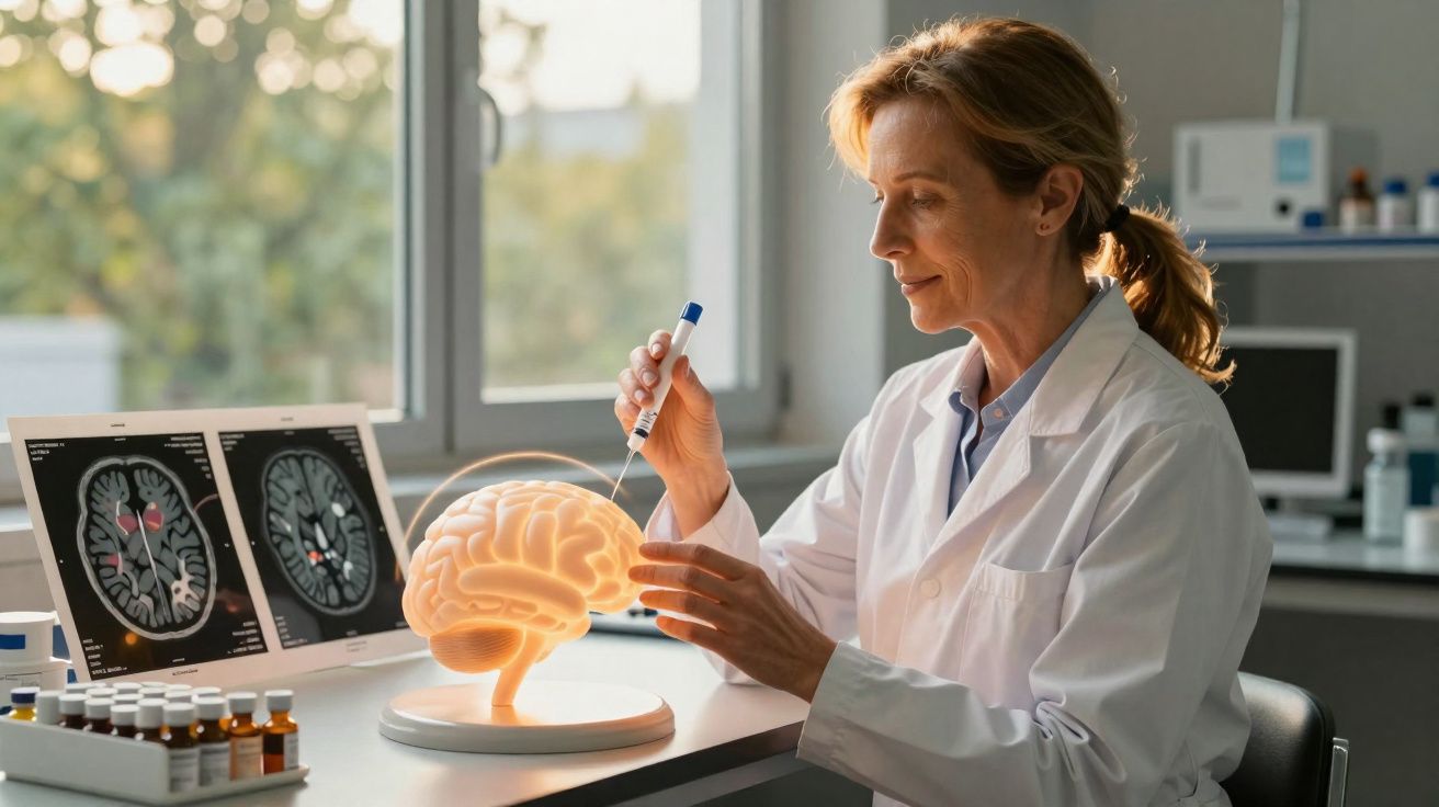 Pesquisadora em laboratório analisando modelo iluminado de cérebro com imagens cerebrais ao fundo.