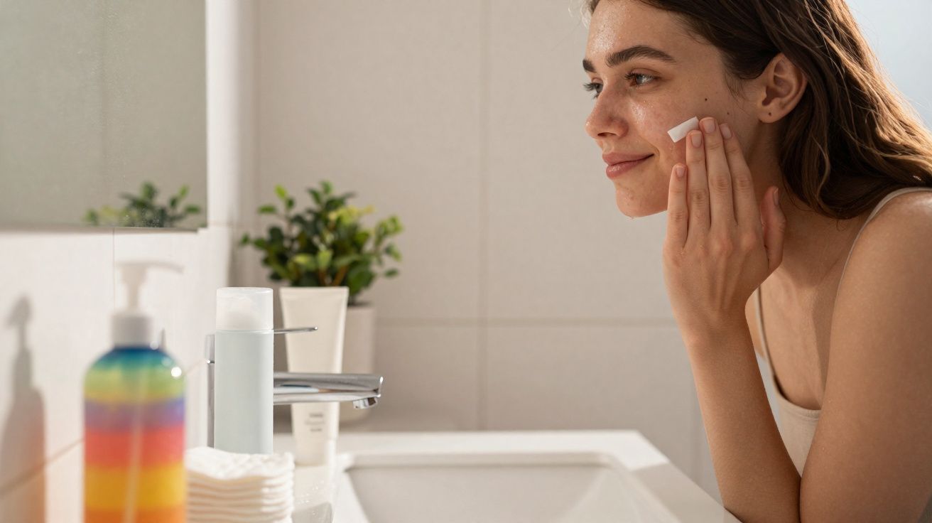 Mulher aplicando creme facial, sorrindo, em banheiro com pia, espelho e plantas ao fundo.