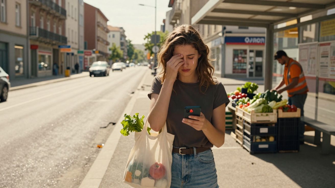 Mulher jovem na calçada com sacola de compras e celular, aparentando preocupação em dia ensolarado.