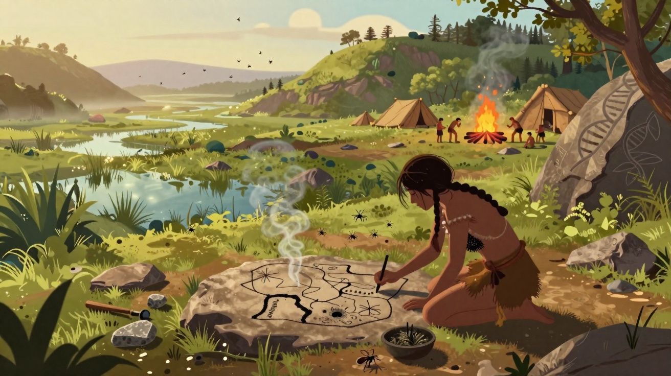 Pessoa indígena desenhando pinturas rupestres em pedra, perto de acampamento com fogueira na natureza.