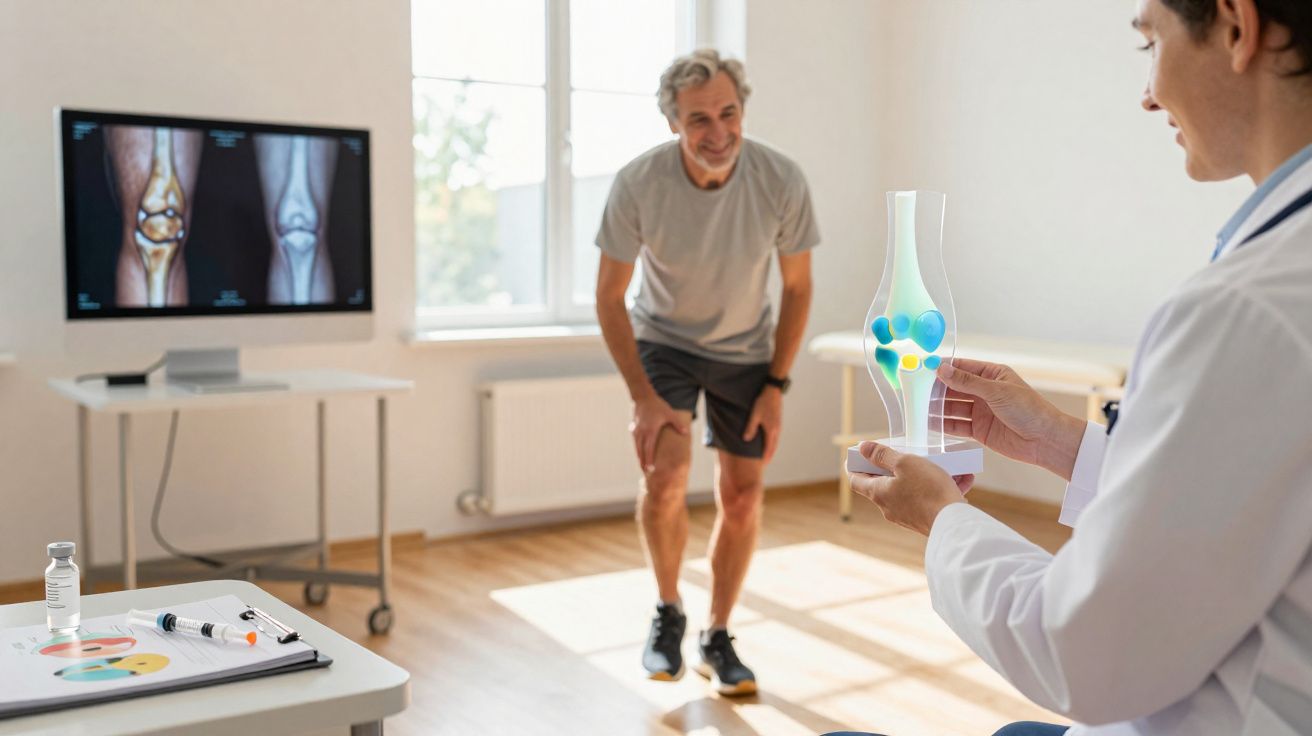 Médico segura modelo 3D de joelho enquanto paciente idoso sente dor e analisa raio-x da articulação no consultório.