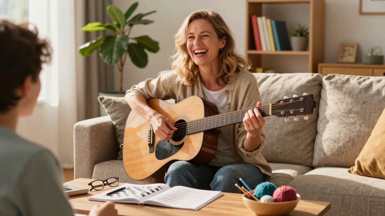 Mulher sorridente tocando violão sentada em sofá durante aula de música em casa.