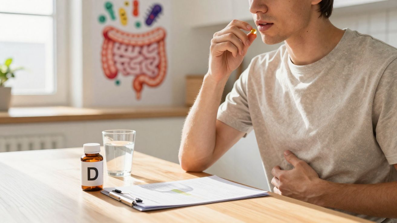 Homem tomando suplemento de vitamina D com ilustração do sistema digestivo ao fundo.
