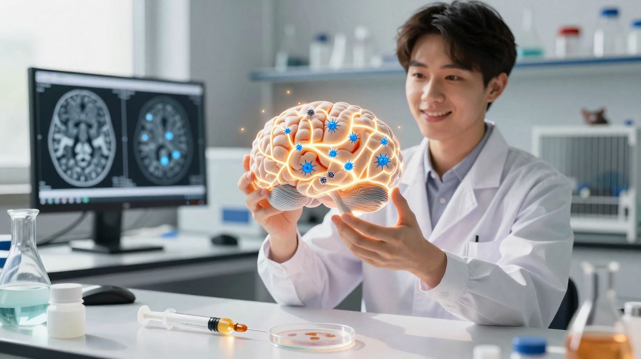 Cientista em laboratório segurando modelo iluminado de cérebro com ícones de vírus, ao lado de tomografias.