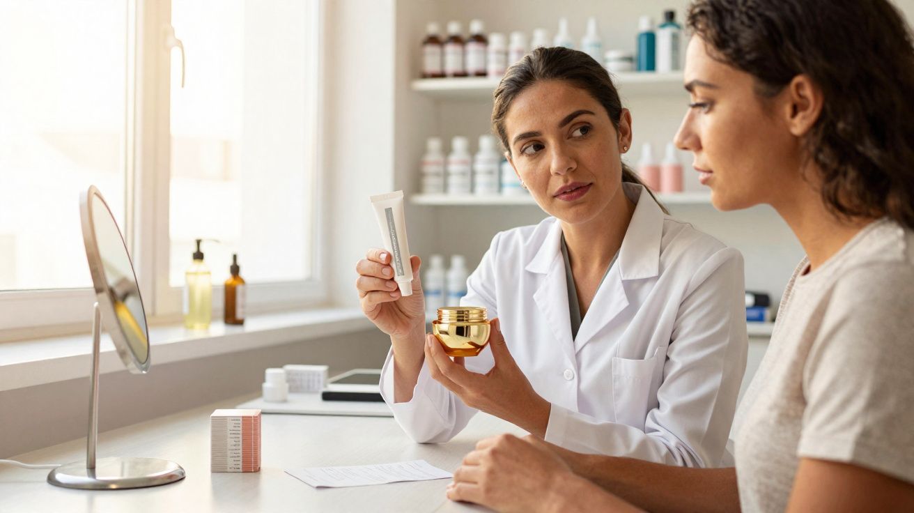 Consultora de beleza em jaleco explica uso de cosméticos para cliente em clínica estética.