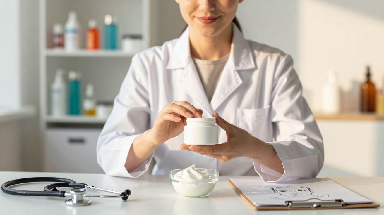 Profissional de saúde com jaleco branco segurando pote de creme em mesa com estetoscópio e desenho facial.