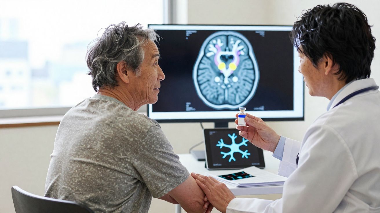 Médico segurando frasco de medicamento conversando com paciente idoso em consultório com imagem cerebral no computador.