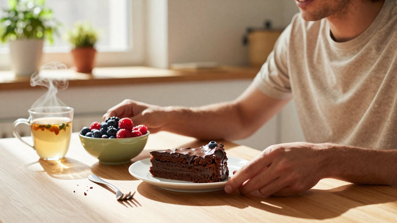Pessoa segurando prato com fatia de bolo de chocolate, ao lado de tigela com frutas vermelhas e xícara de chá quente.