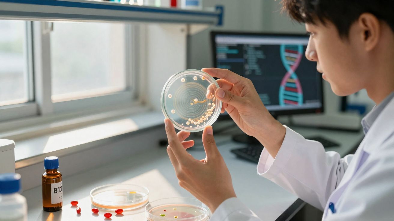 Cientista analisando placa de Petri com colônias em laboratório, computador com DNA ao fundo.