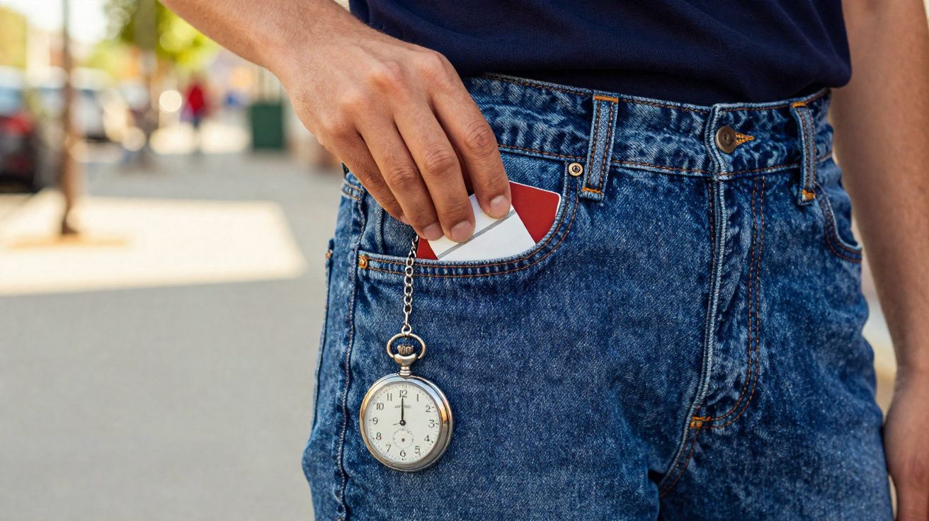 Pessoa colocando cartões no bolso de calça jeans com relógio de bolso preso na corrente.