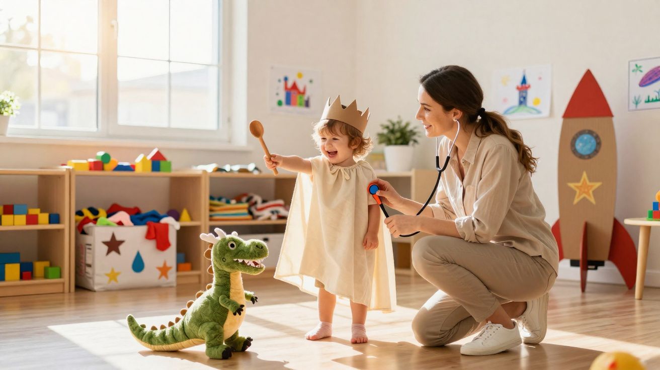 Criança fantasiada de rei brinca enquanto mulher usa estetoscópio brincando de médico em sala colorida.