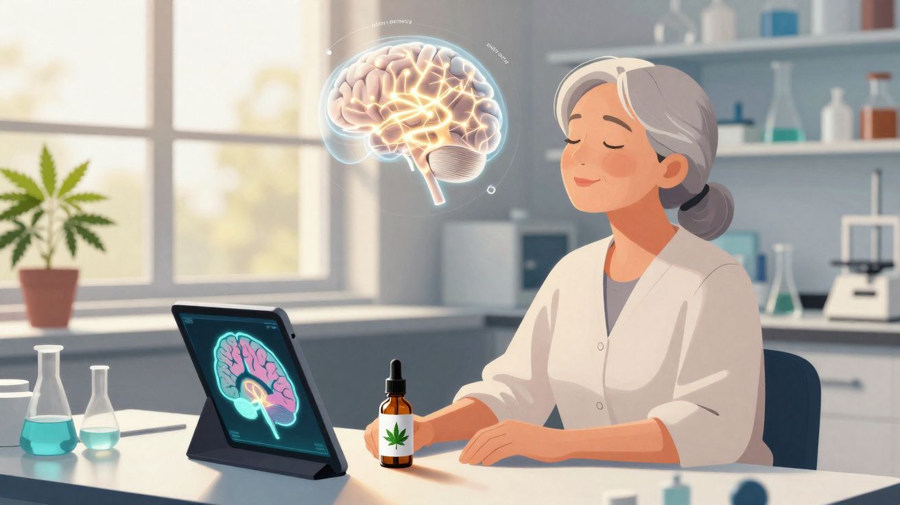 Mulher idosa em laboratório segurando frasco com símbolo de cannabis, com imagem de cérebro digital flutuante.
