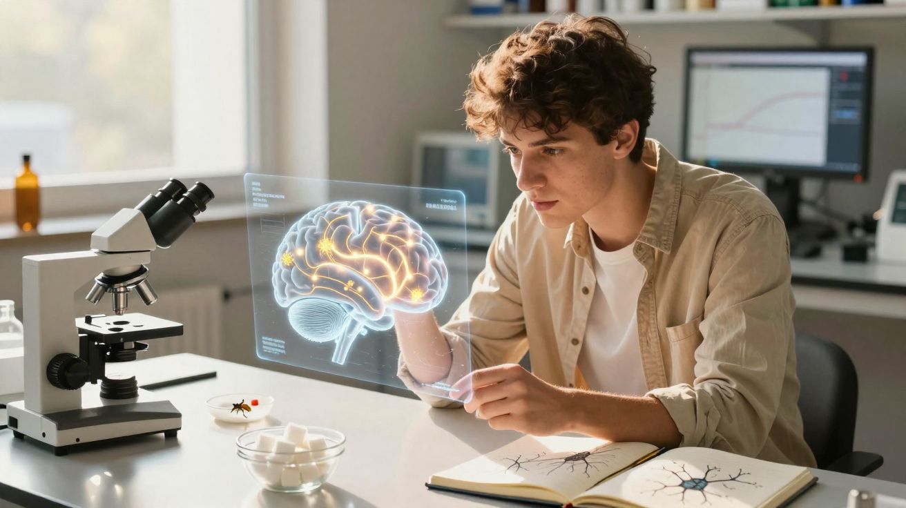 Jovem cientista analisando modelo holográfico de cérebro em laboratório com microscópio e caderno aberto.