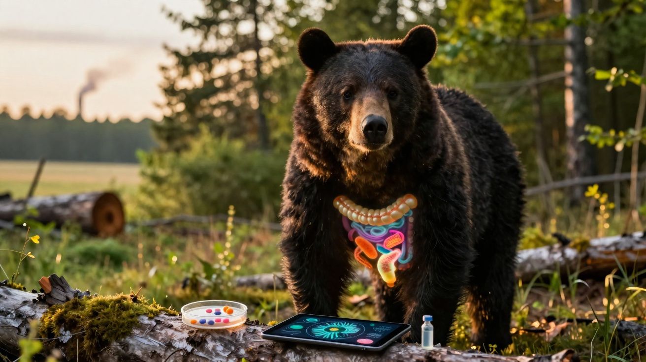Urso preto na floresta com representação colorida do sistema digestivo e equipamentos científicos ao redor.
