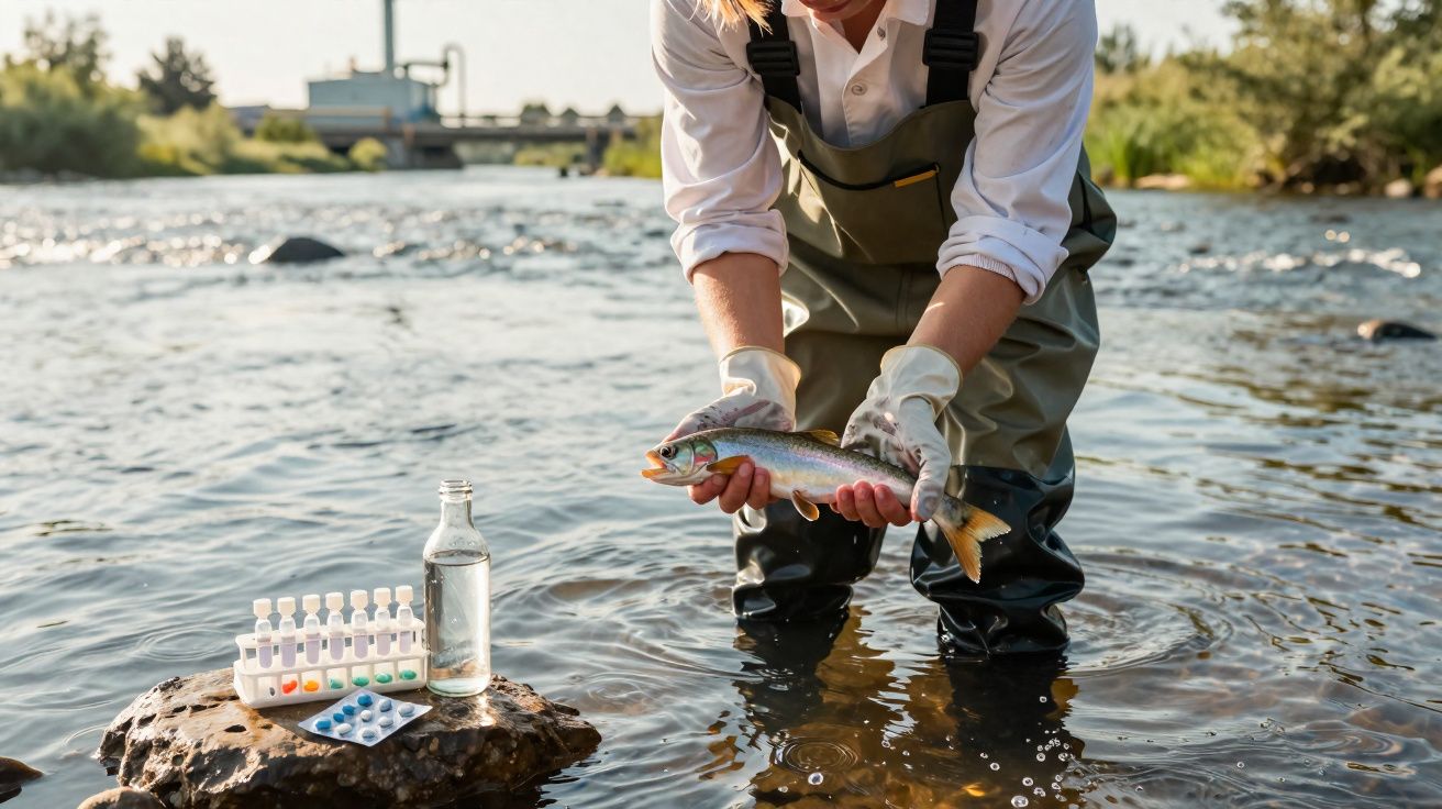 Pessoa usando luvas segura peixe na água de rio para análise ambiental, com frascos e comprimidos ao lado.