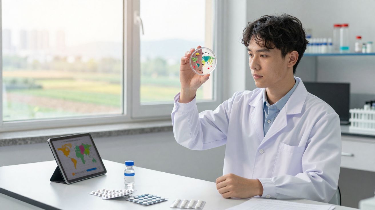 Cientista em jaleco examina placa de Petri com mapa desenhado em laboratório iluminado.