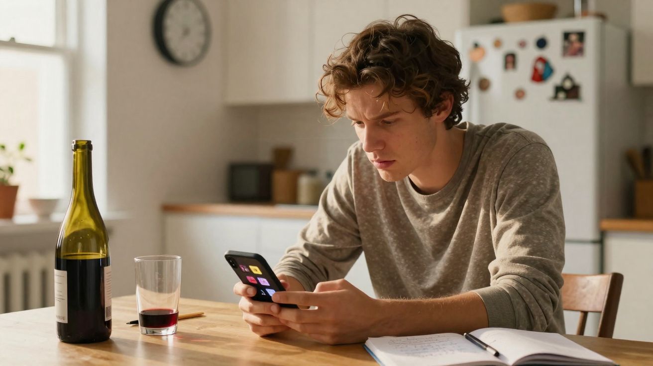 Jovem sentado à mesa da cozinha usando celular, com garrafa de vinho, copo e caderno aberto.