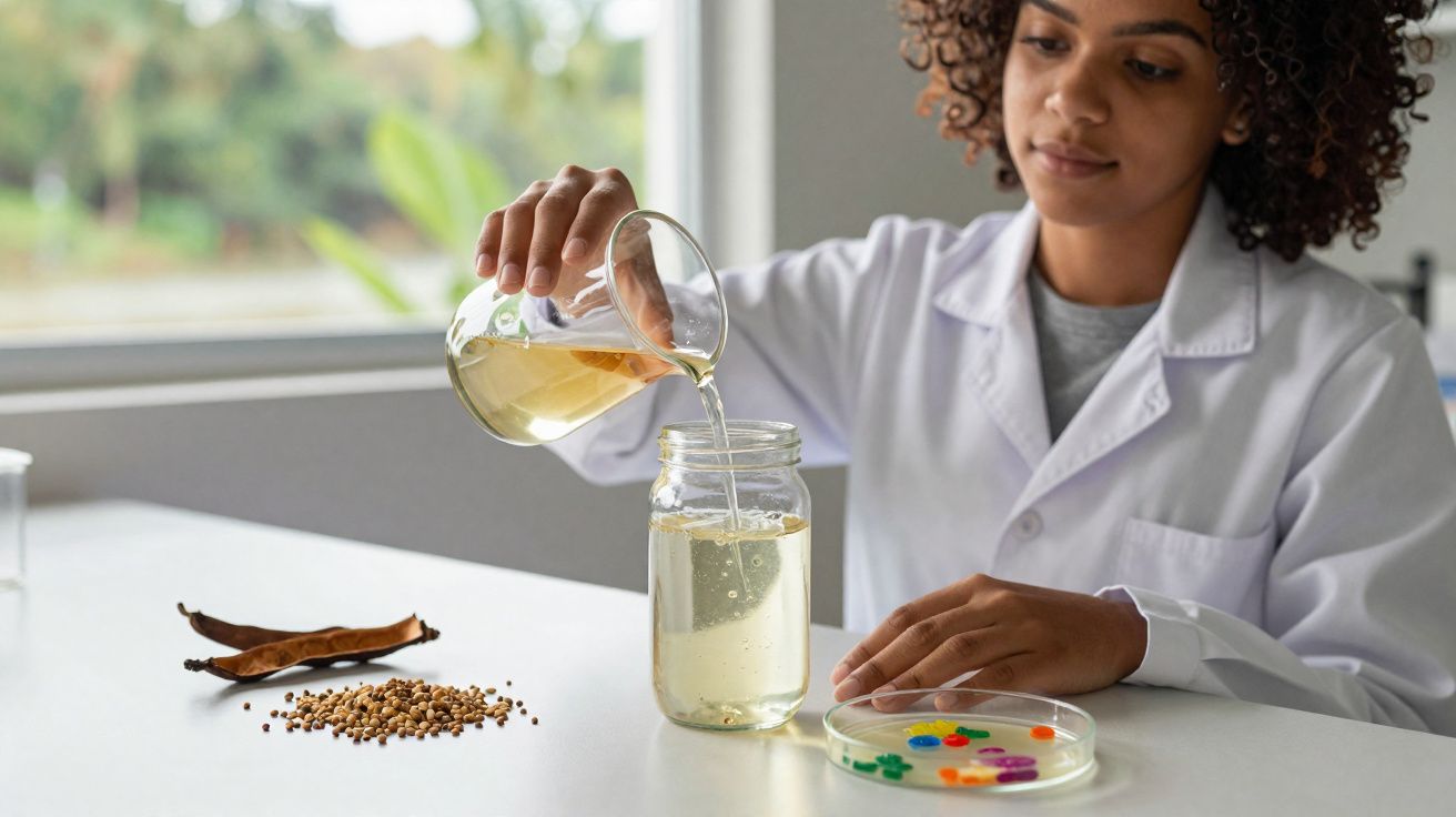 Pesquisadora com jaleco branco despeja líquido amarelo em frasco de vidro em laboratório iluminado.