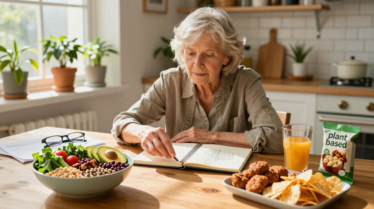 Mulher idosa desenhando em caderno, sentada à mesa com salada, petiscos, suco e lanches veganos.