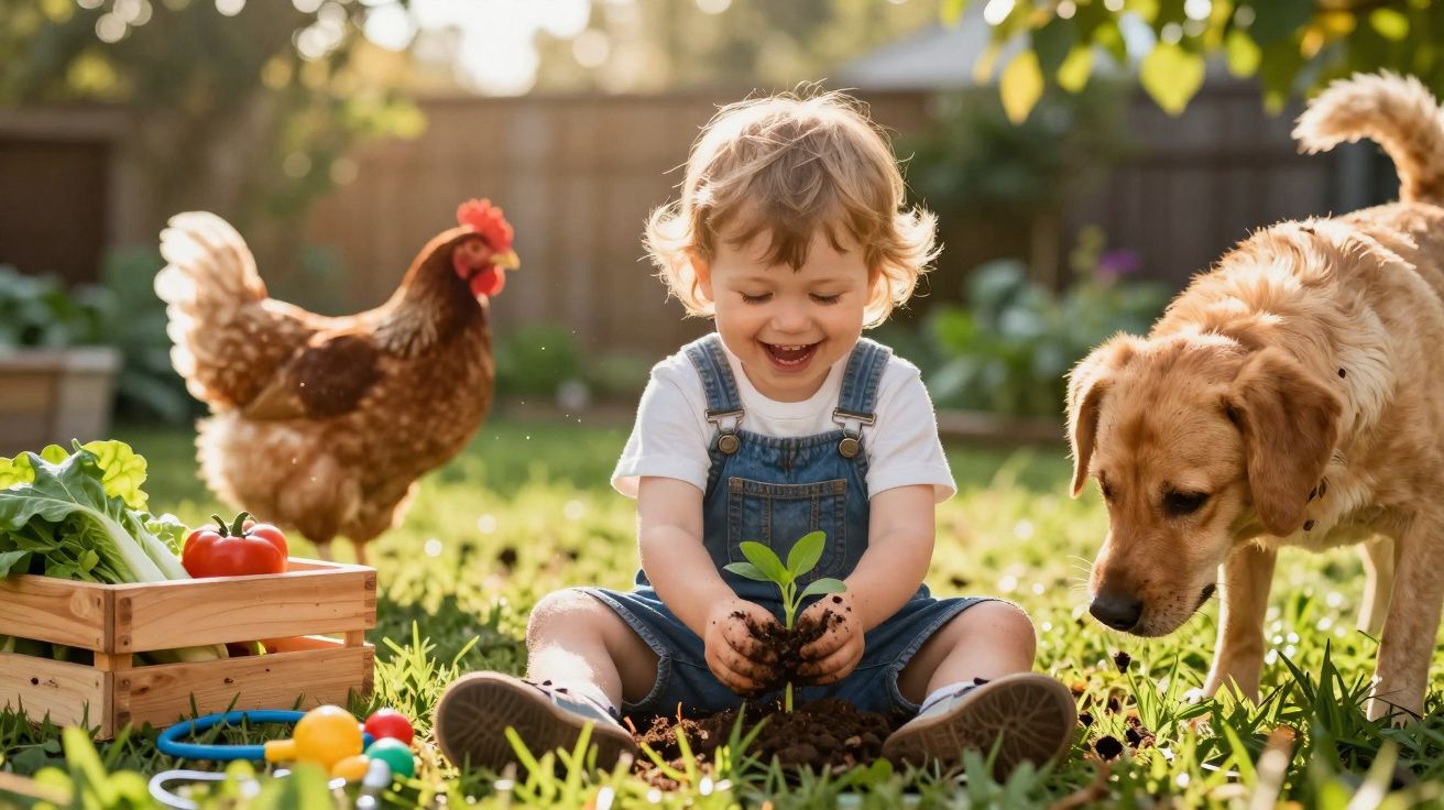 Criança sorridente plantando muda na terra no jardim, com cachorro e galinha ao redor.