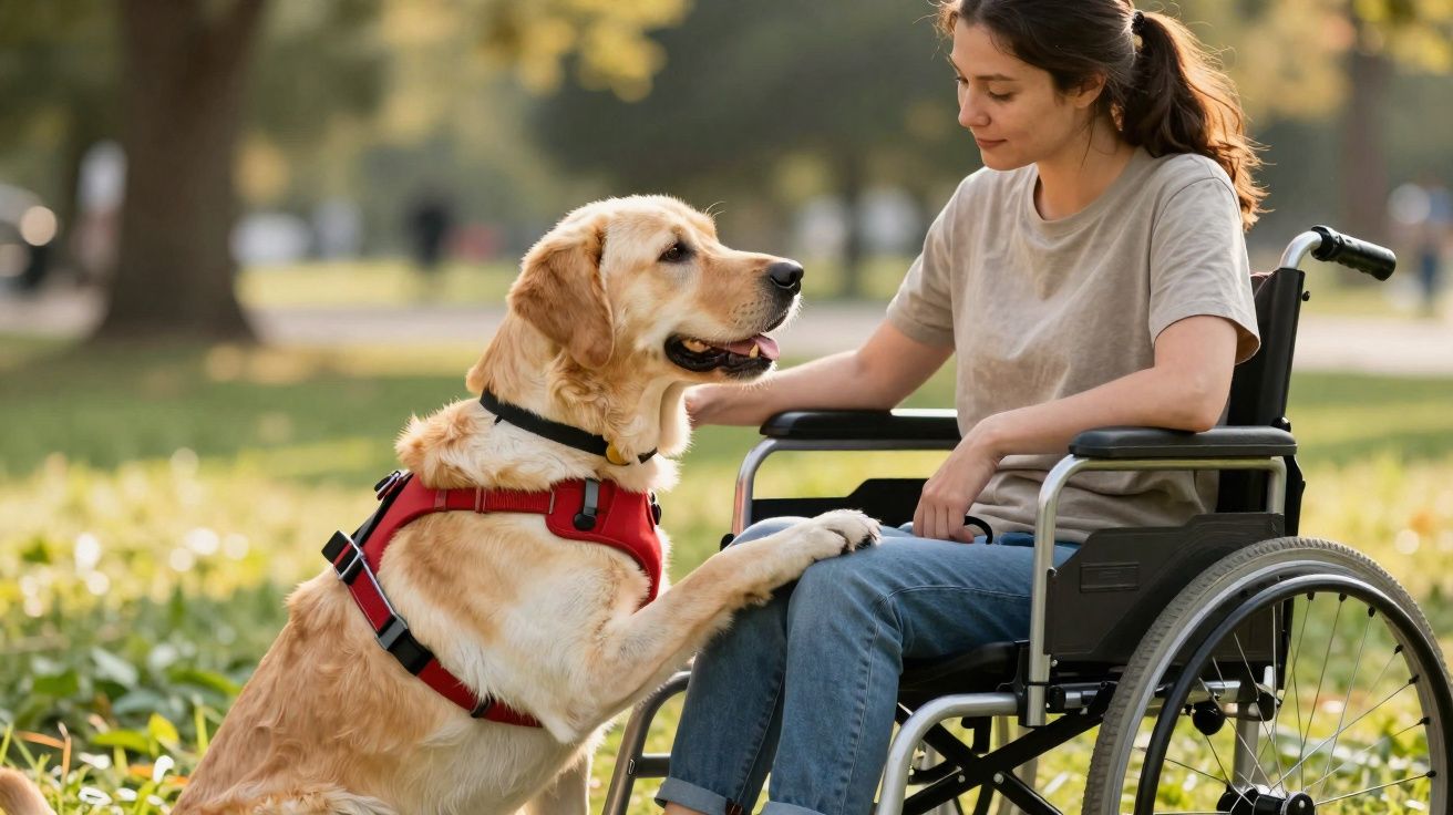 Mulher em cadeira de rodas interage com cachorro guia em parque ensolarado.