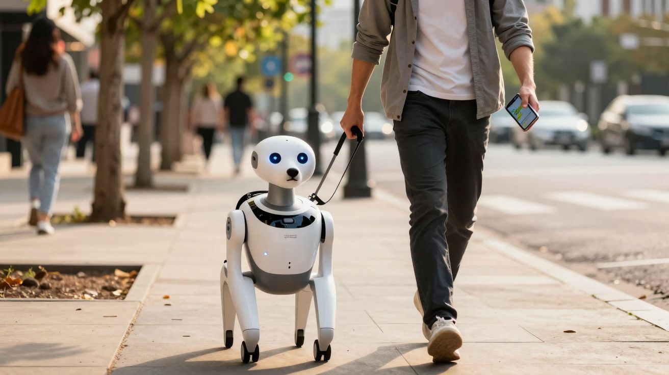 Homem caminhando na calçada com cachorro robótico branco na coleira em ambiente urbano.