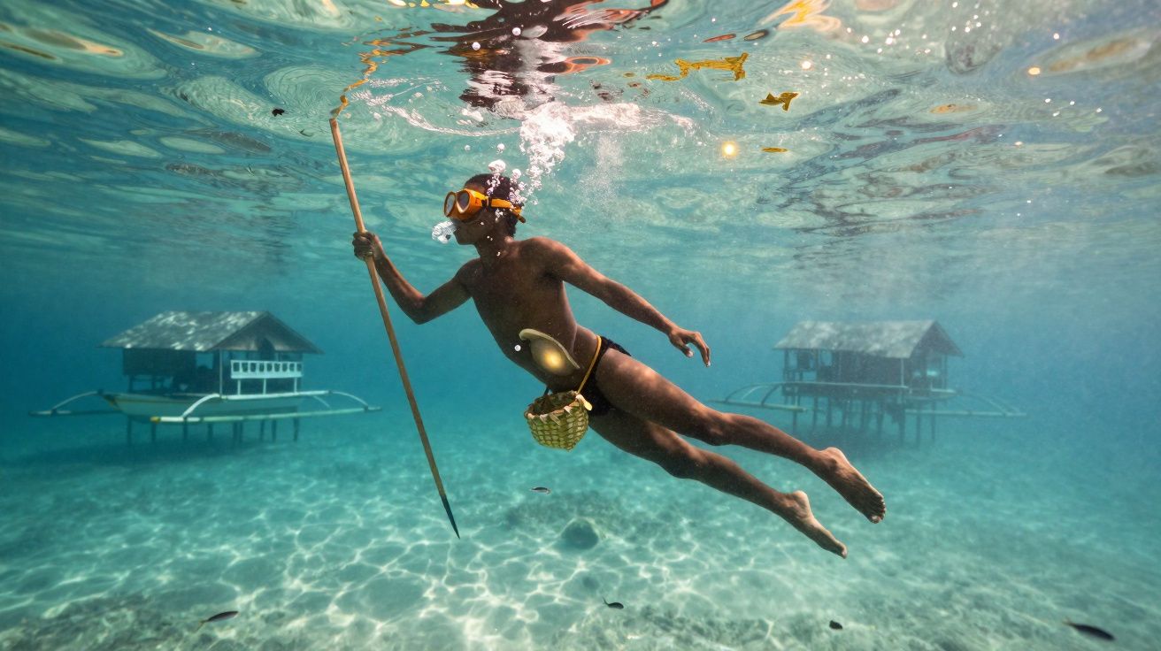 Homem negro mergulha segurando lança, com óculos de mergulho e casas sobre palafitas ao fundo.