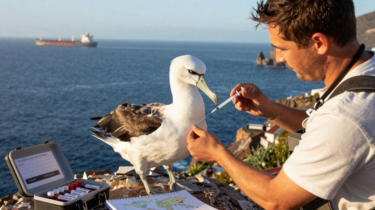 Pesquisador aplica medicamento com conta-gotas em albatroz próximo ao mar, com navio ao fundo.