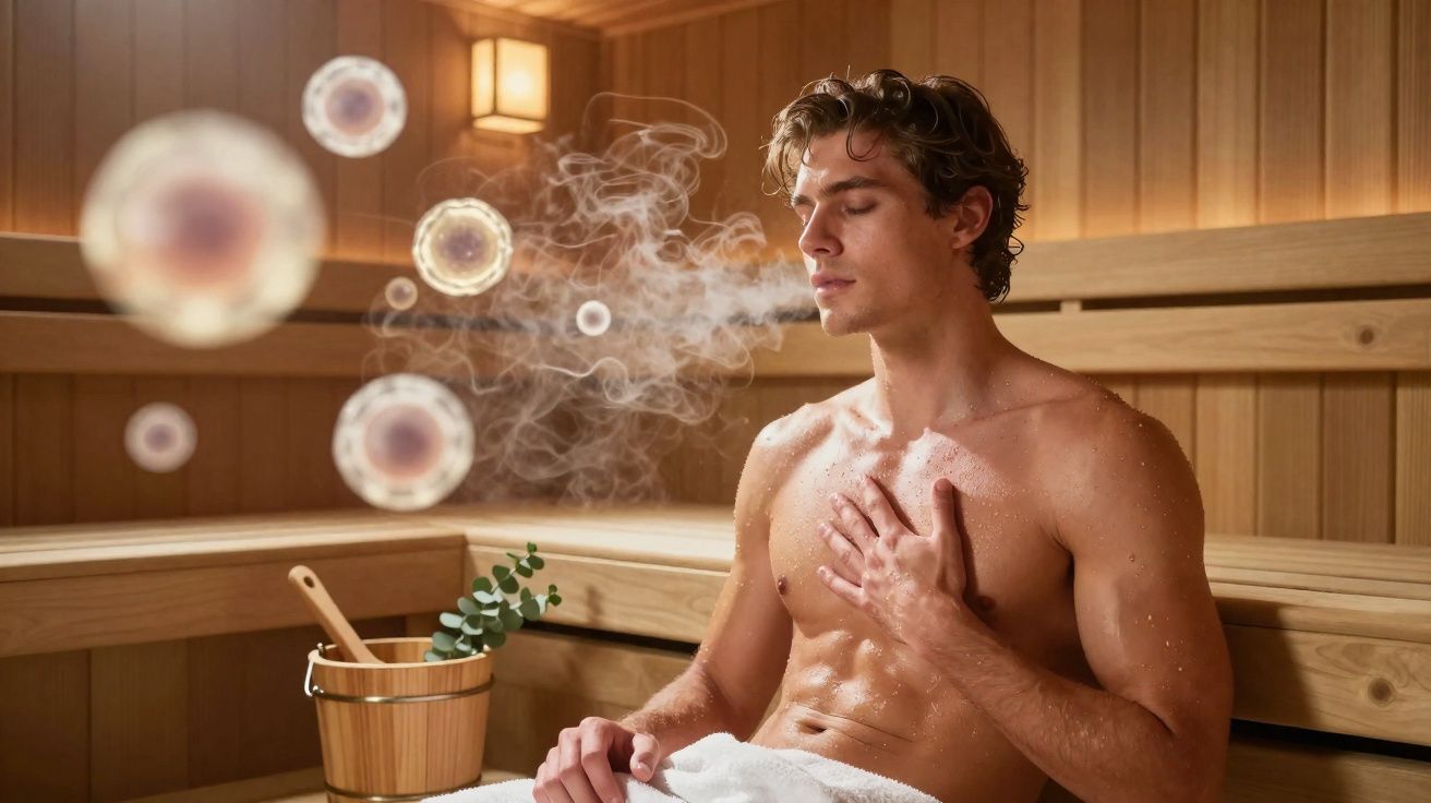 Homem relaxando em sauna, respirando vapor com olhos fechados e mão no peito.