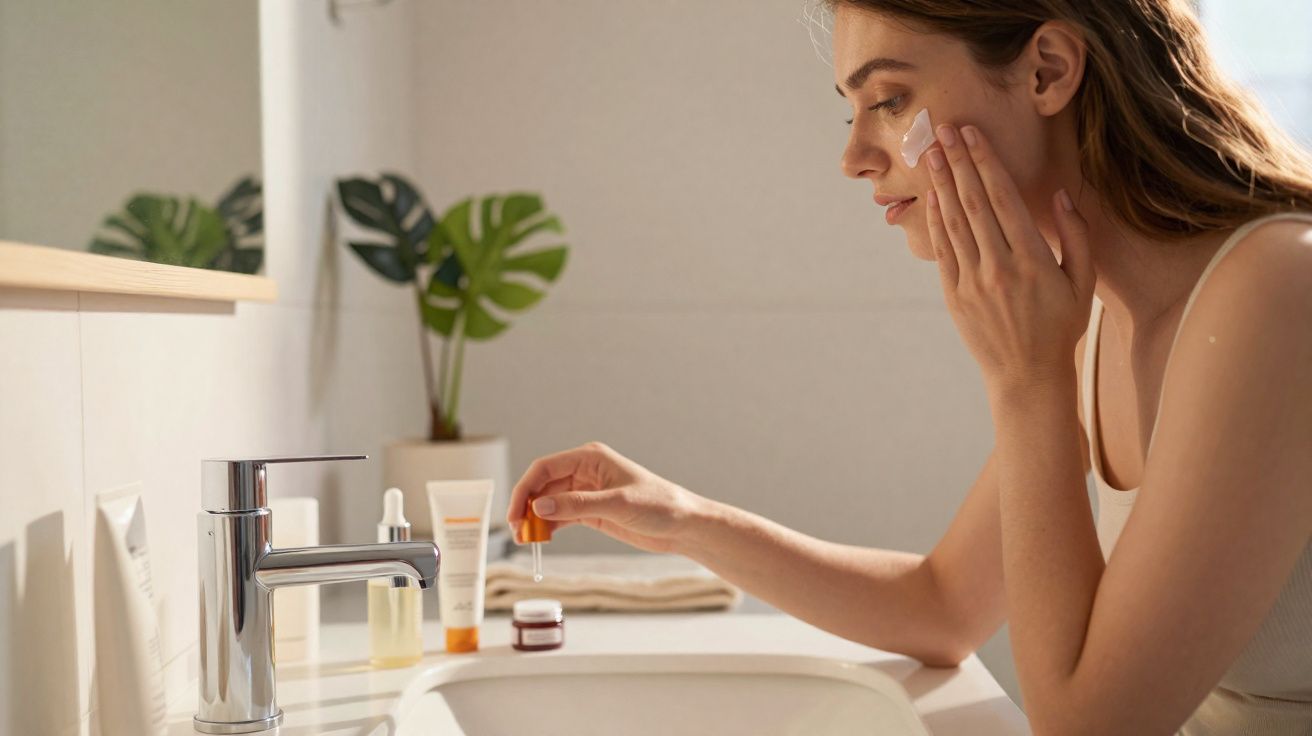 Mulher aplicando creme no rosto em banheiro moderno com pia e produtos de cuidados pessoais.