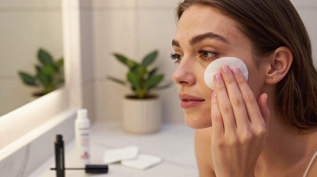 Mulher aplicando produto no rosto com disco de algodão em frente ao espelho no banheiro.