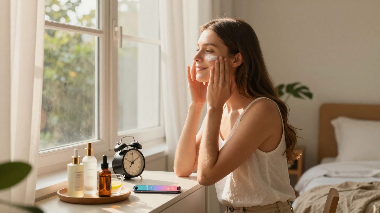 Mulher aplica creme facial sentada perto da janela em ambiente claro e tranquilo.