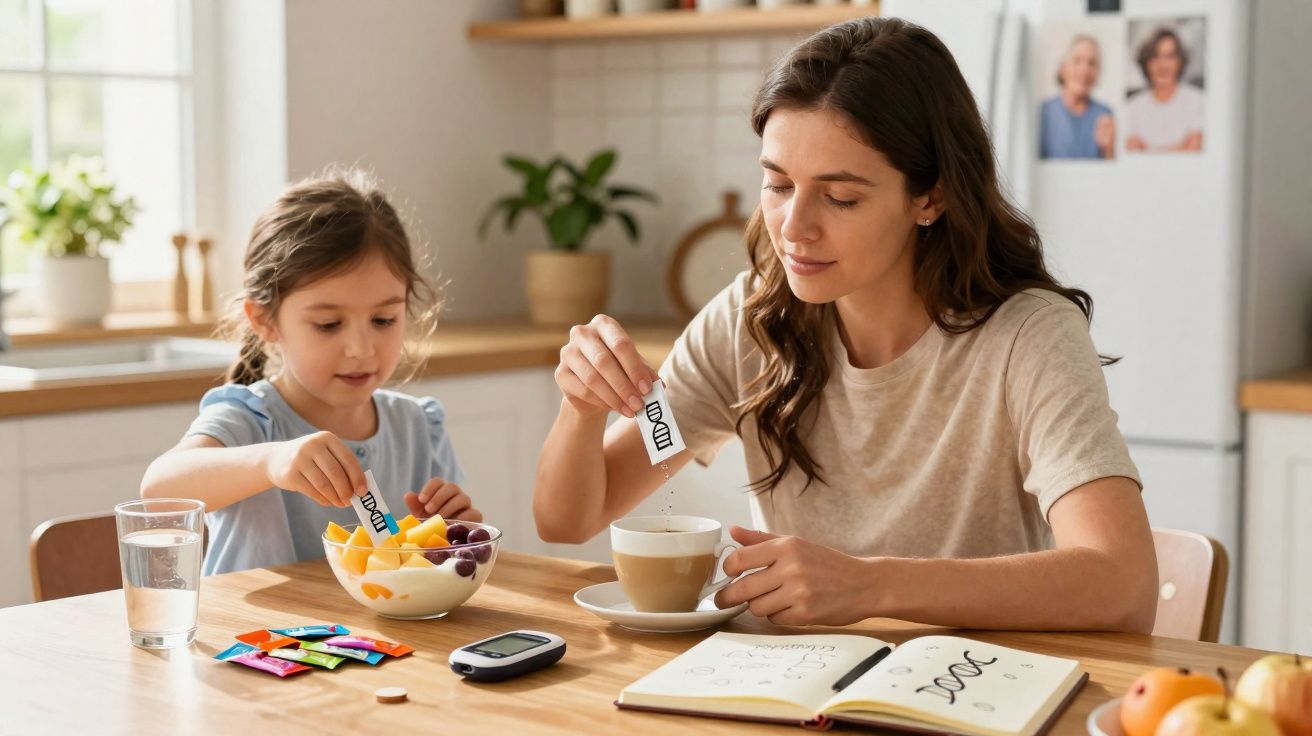 Mulher e menina preparan chá na cozinha com desenhos de DNA em sachês, ao lado de frutas e aparelho medidor.