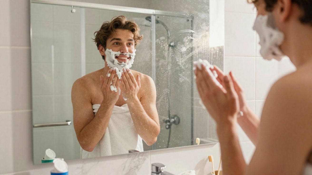 Homem jovem sorrindo enquanto aplica espuma de barbear no rosto em frente ao espelho do banheiro.