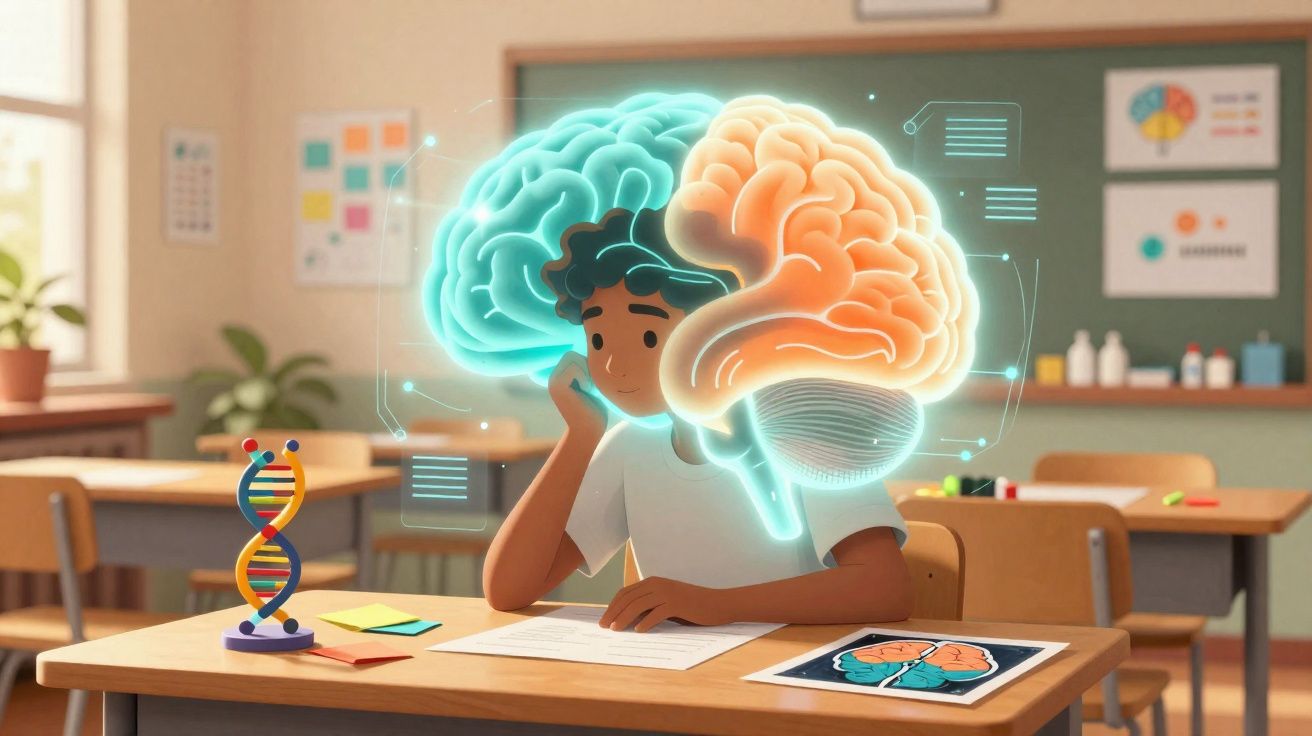 Criança sentada em sala de aula com ilustração holográfica do cérebro acima da cabeça e DNA na mesa.