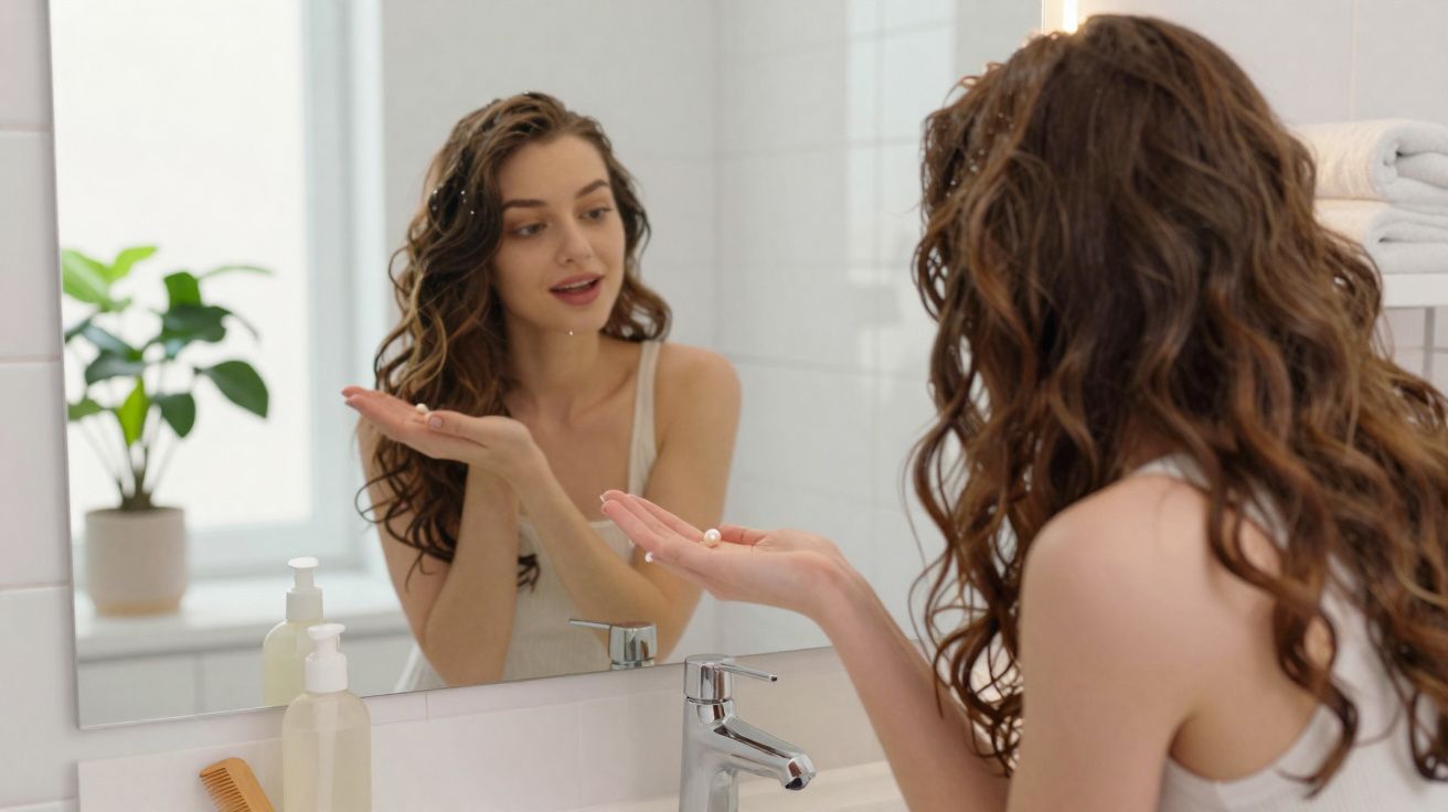 Mulher com cabelo cacheado aplicando creme no rosto em frente ao espelho do banheiro.