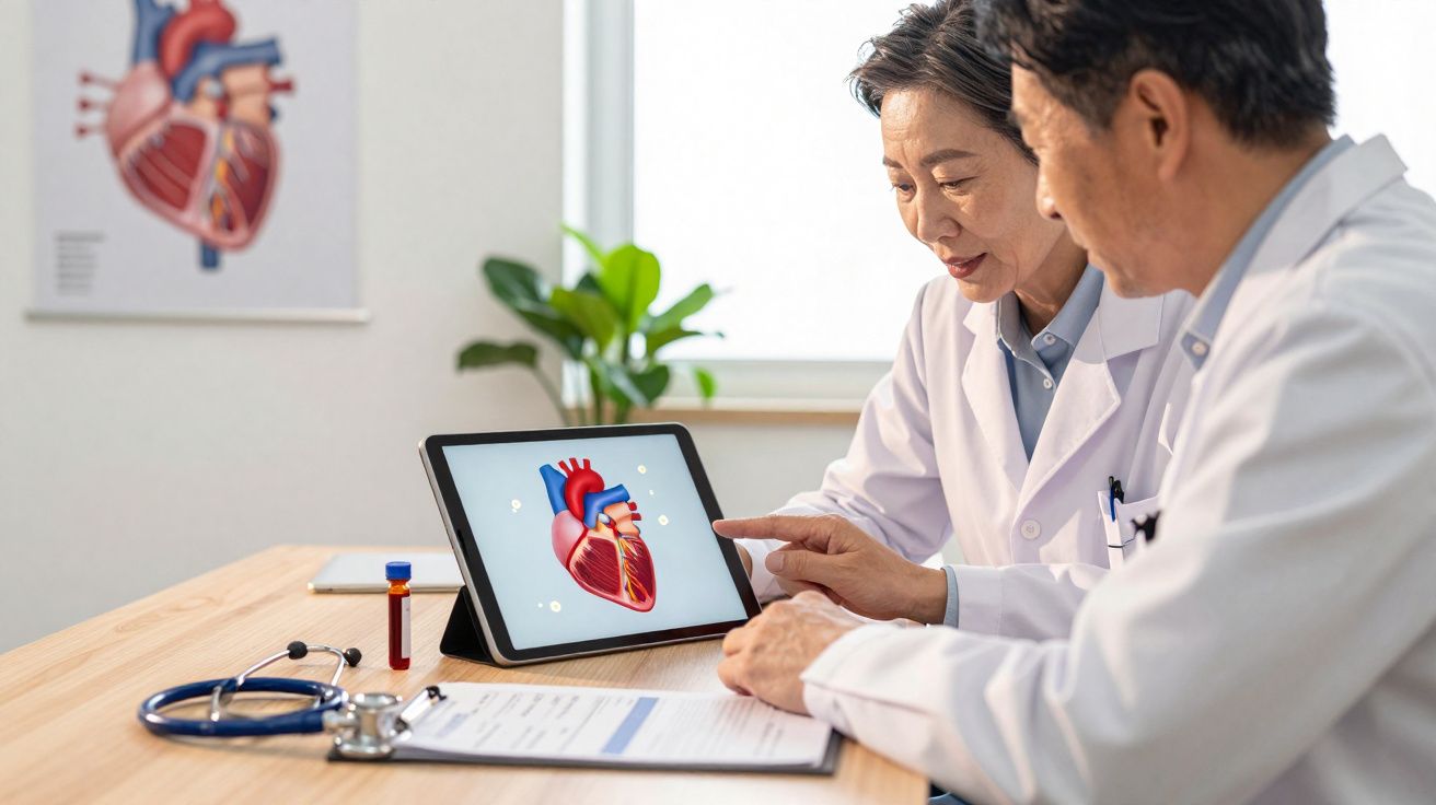 Dois médicos analisando imagem digital de coração em tablet durante reunião clínica, com pôster anatômico ao fundo.
