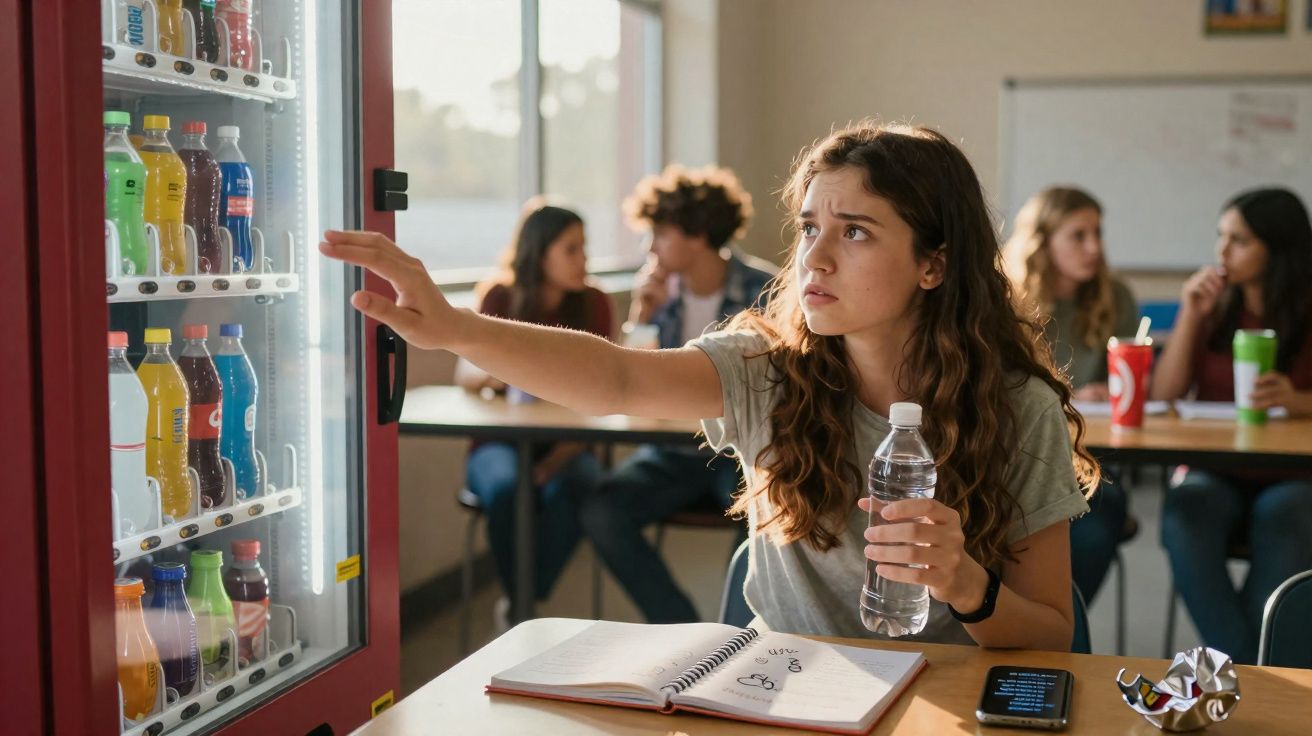 Jovem garota em sala de aula pegando bebida em máquina automática enquanto segura uma garrafa de água.