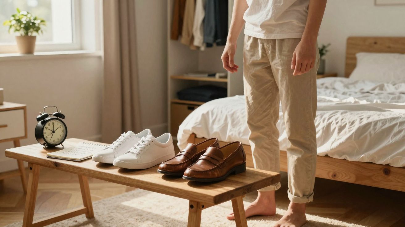 Pessoa em pé ao lado de banco de madeira com dois pares de sapatos e relógio despertador em quarto iluminado.