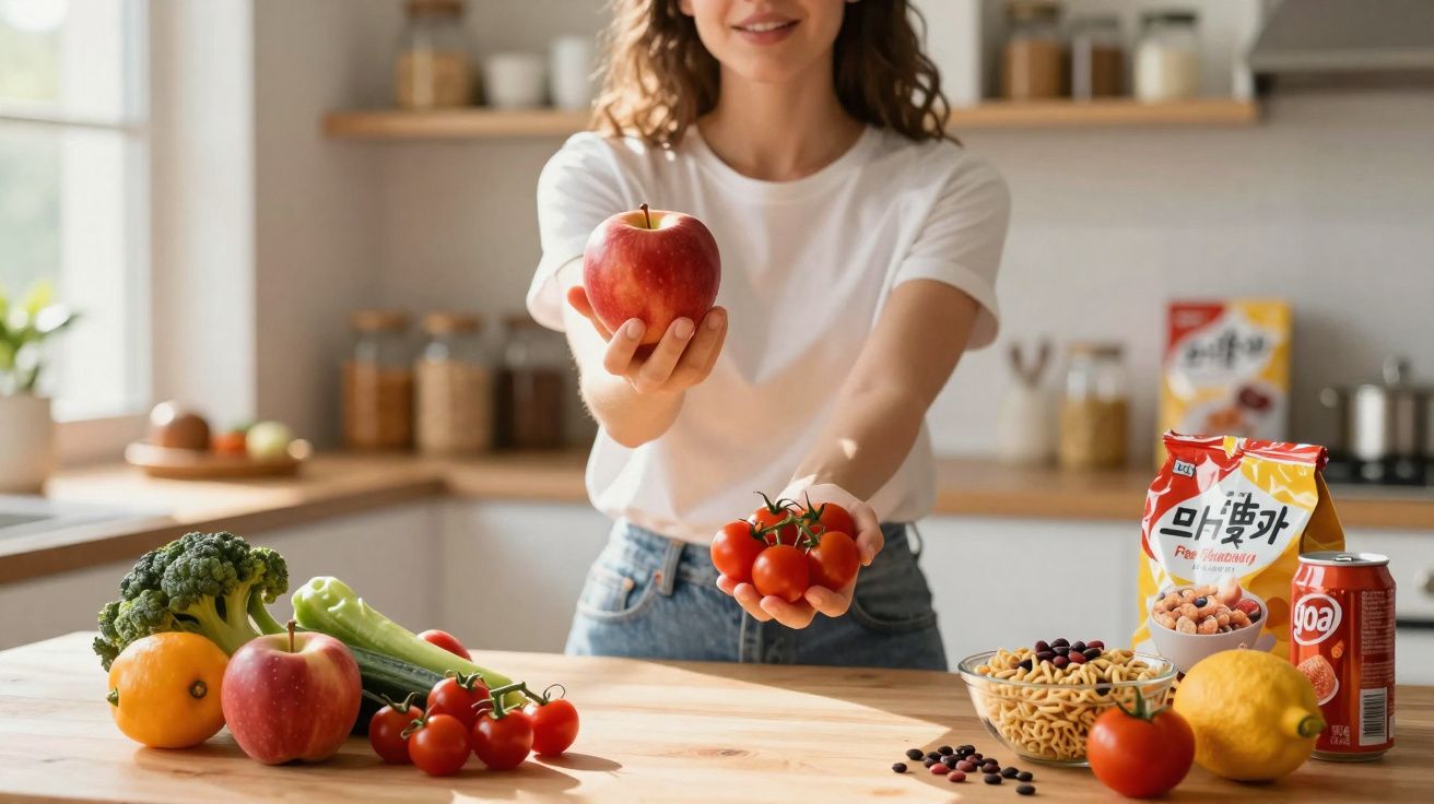Mulher com camiseta branca oferecendo maçã e tomates, com frutas, verduras e snacks sobre a mesa.