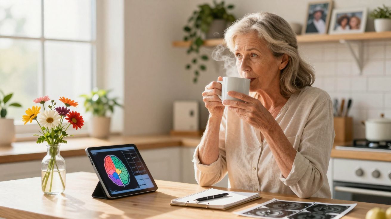 Mulher idosa tomando chá na cozinha com tablet mostrando imagem colorida do cérebro na mesa.