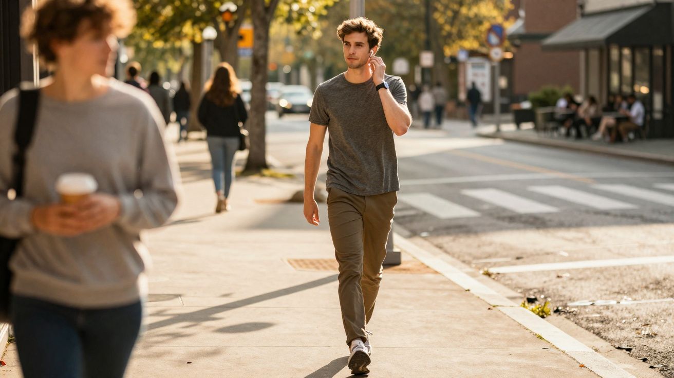Homem jovem caminhando na calçada de uma rua urbana ensolarada em dia de outono.