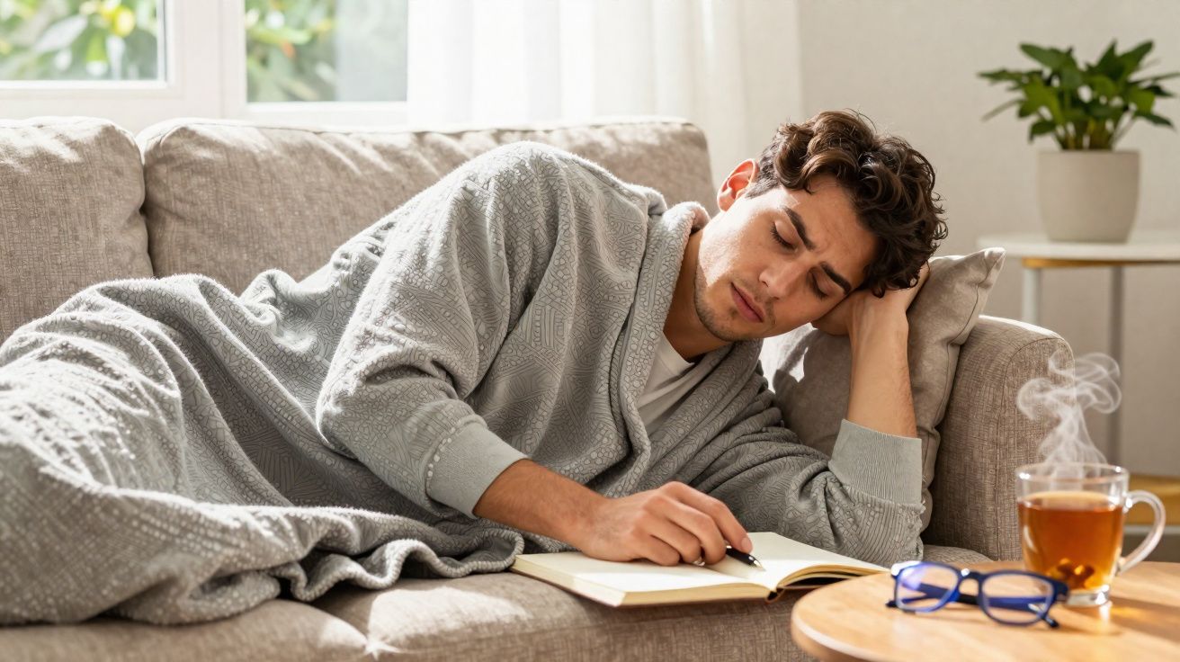 Jovem deitado no sofá cobrindo-se com cobertor, escrevendo em caderno, com chá e óculos na mesa ao lado.