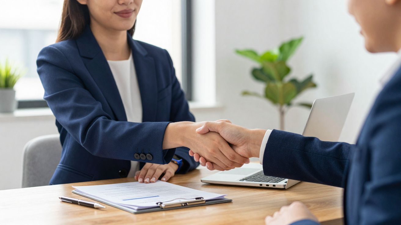 Duas pessoas de terno apertando as mãos em uma mesa com documentos e laptop em ambiente de escritório.