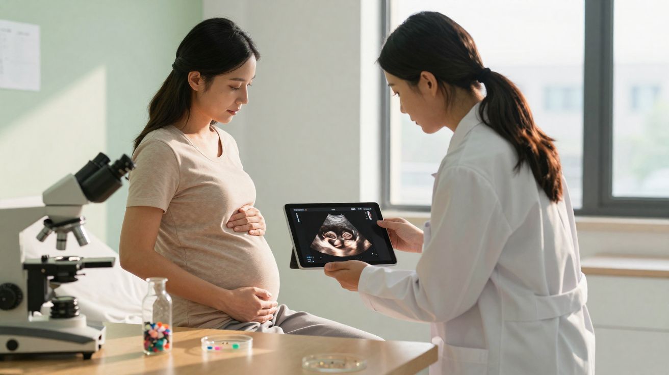 Mulher grávida sentada enquanto médica mostra ultrassom em tablet em consultório com janela.