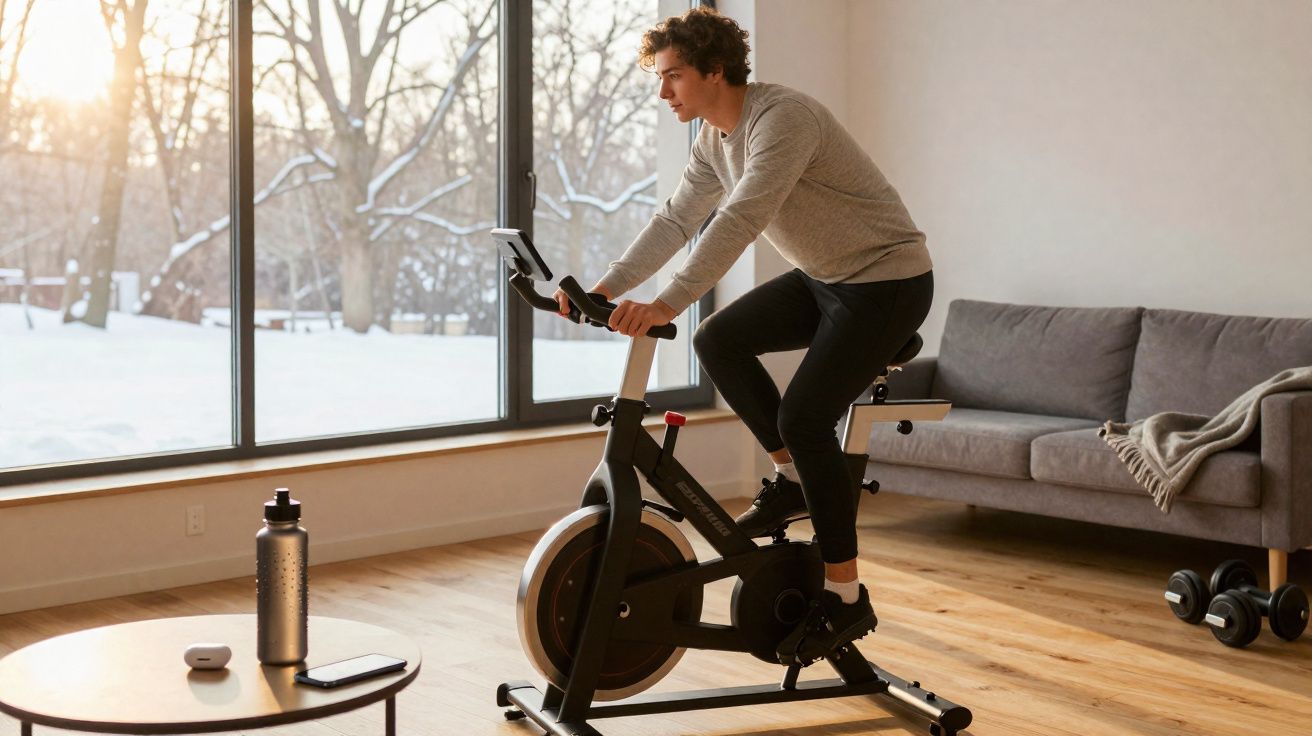 Homem pedalando bicicleta ergométrica em sala com grandes janelas e neve do lado de fora.