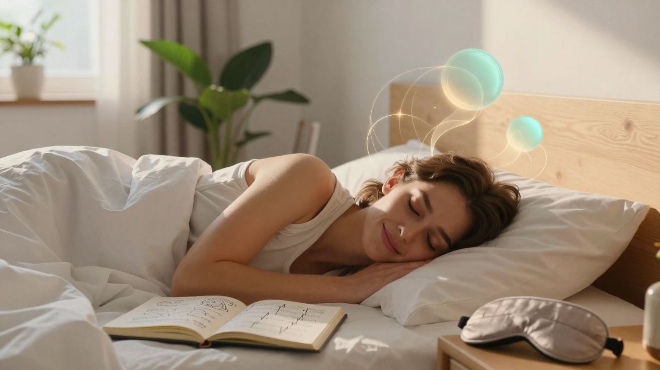 Mulher dormindo tranquila na cama ao lado de livro aberto e máscara para olhos sobre criado-mudo.