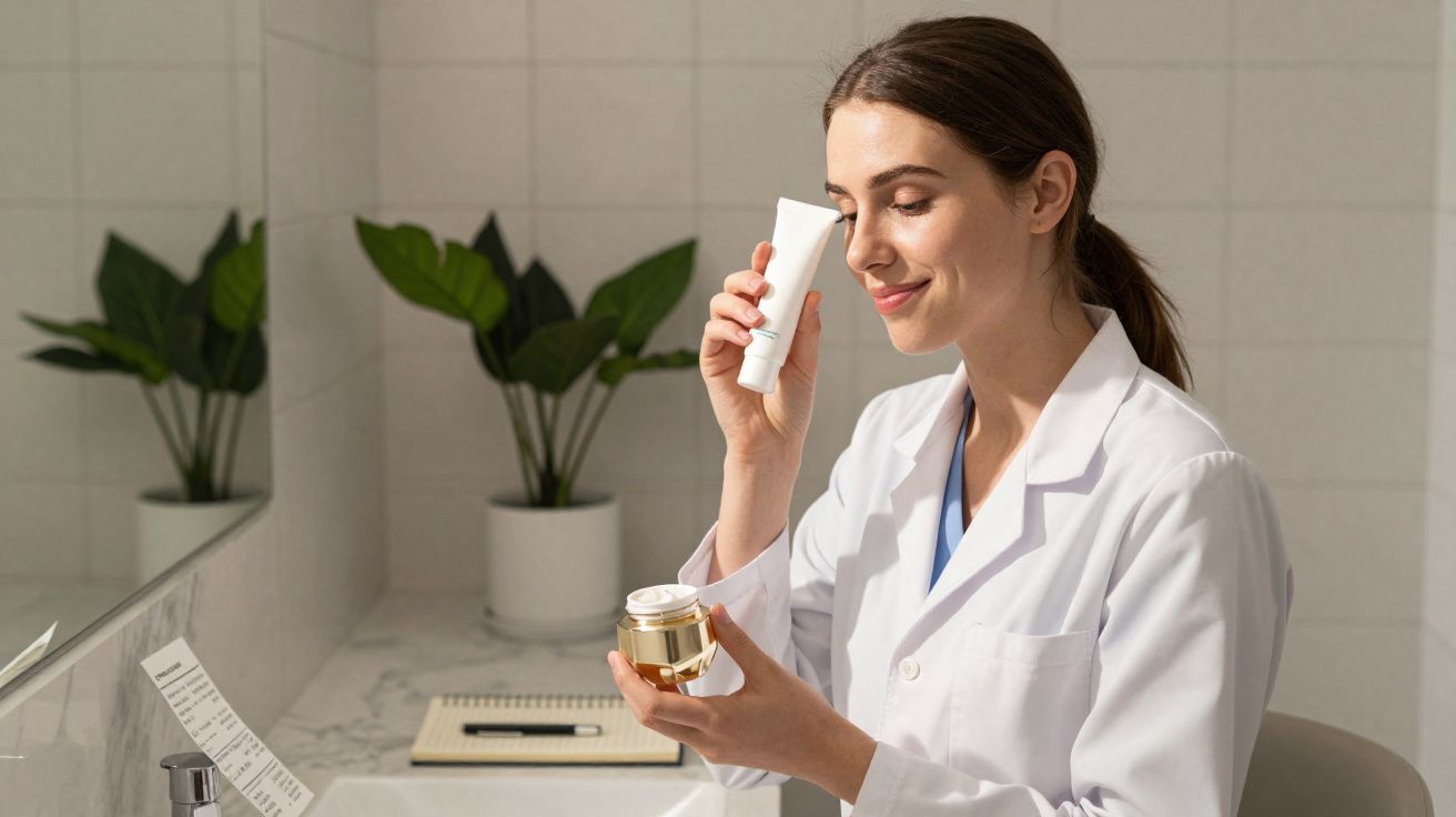 Mulher com jaleco branco segurando potes de creme facial em ambiente iluminado e com planta ao fundo.