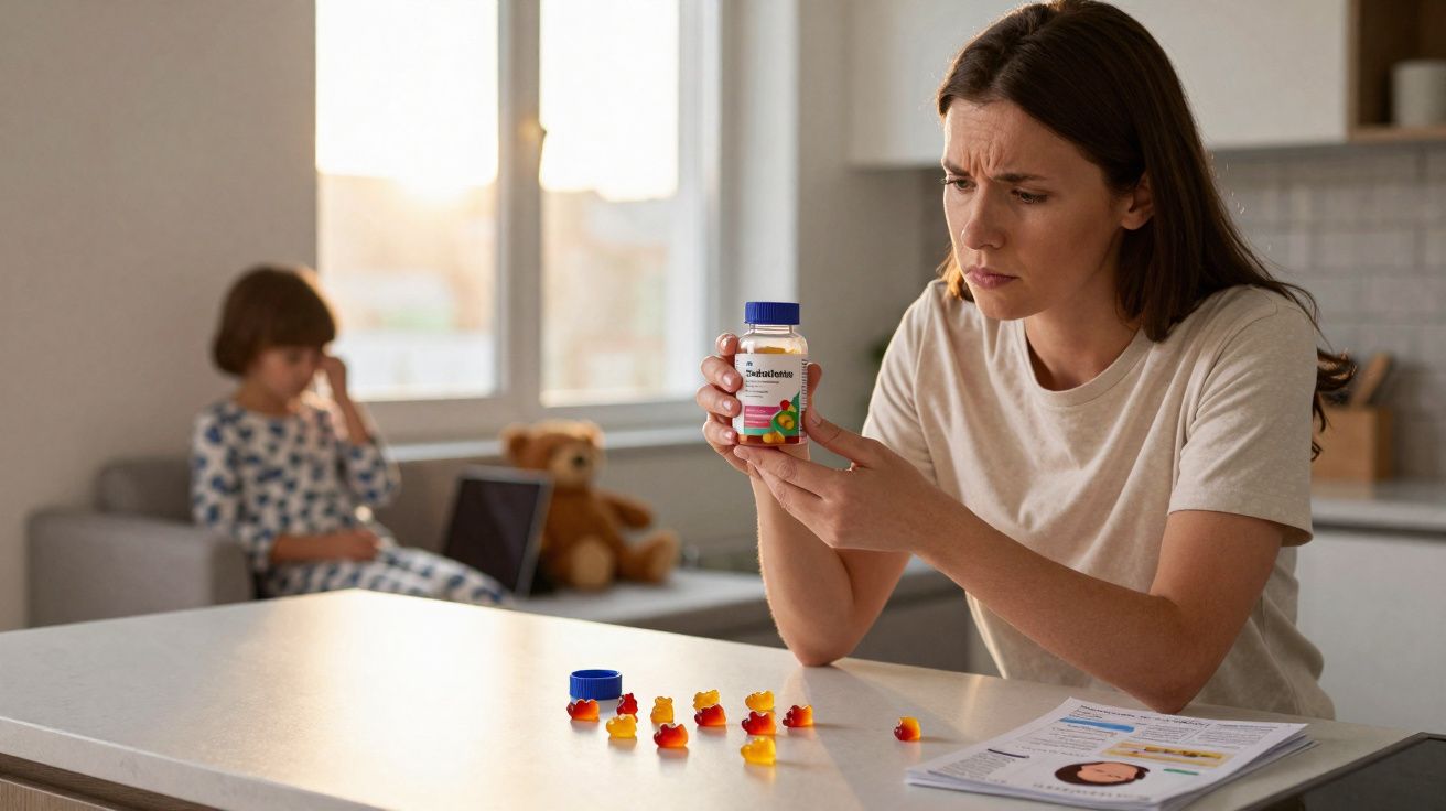 Mulher lendo rótulo de suplemento vitamínico enquanto criança está ao fundo no sofá com laptop.