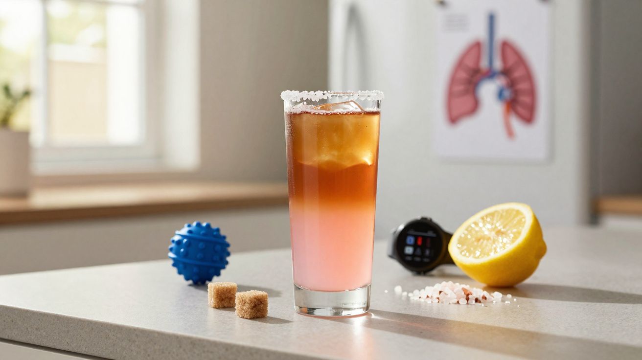 Copo com bebida rosa e marrom com borda de sal, limão cortado, cubos de açúcar, pilha de remédios e esfera azul.